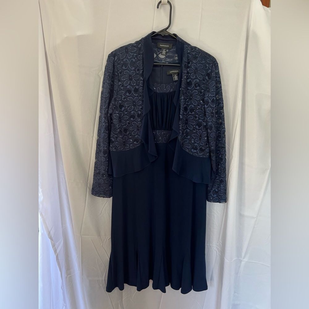 R & M Richards Navy Blue Lace Jacket Dress Set